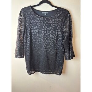 Womens M Adrianna Papell Blouse Top Black Floral Lace Stretch Lined 3/4 Sleeve